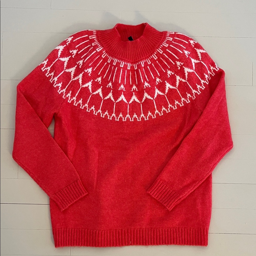 Talbots Vibrant Coral Red Sweater with White Nordic Pattern